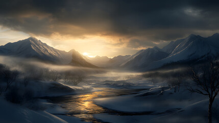 A tranquil winter scene with snow-covered mountains in the distance, a frozen river flowing through the valley, and the soft glow of the setting sun casting warm hues across the snowy landscape.