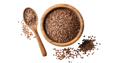 Flax seeds in a wooden bowl and spoon on transparent background