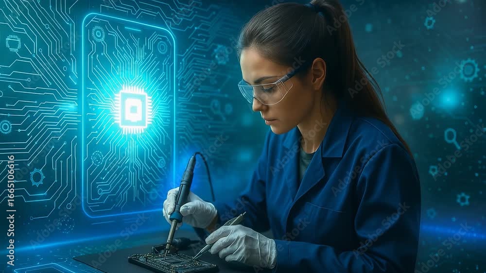 Poster female engineer repairing circuit board with soldering iron and digital screen in the background wit