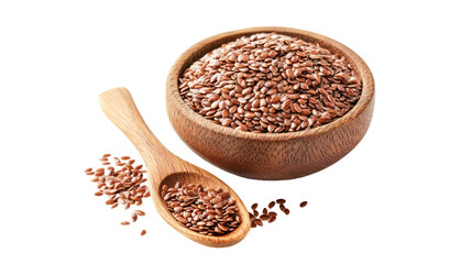 Flax seeds in a wooden bowl and spoon on transparent background