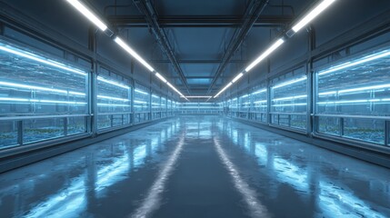 Fototapeta premium Indoor farm plants grow on shelves under electric lights, futuristic background