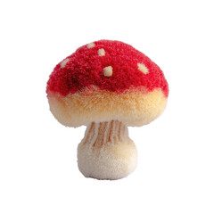 A textured, hand-crafted mushroom.  Red,  fuzzy top;  pale yellow,  knitted bottom.  Small,  red,  dot details.  Isolated