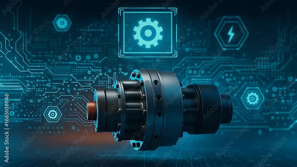 Poster high-tech mechanical gear with digital interface showing energy and industrial data on a background 