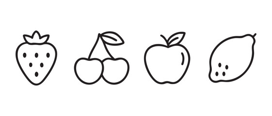 Fruit Line Icons. Strawberry, Cherry, Apple, Lemon Vector Set.