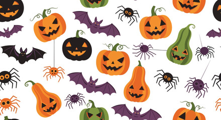 Spooky Halloween Pattern with Jack O Lanterns Bats and Spiders.