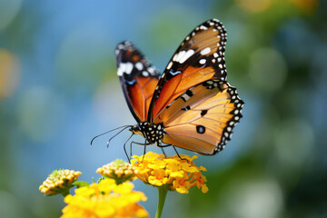 Obraz premium A Striking Image of a Queen Butterfly Resting on Bright Yellow Lantana Flowers, Illustrating the Symbiotic Relationship Between Insects and Plants in a Natural Setting