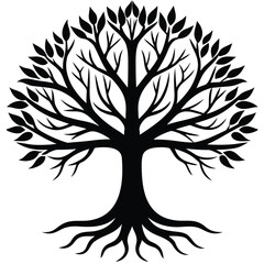 Obraz premium Tree of Life Illustration Black Silhouette Against White Background with Roots and Leaves