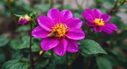 Fototapeta premium Vibrant purple dahlia flowers with a bee.