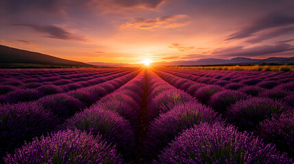 A vast lavender field in full bloom under a golden sunset.