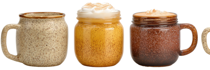 Three ceramic mugs/jars, speckled with various shades of brown, tan, and gold, topped with frothy beverages