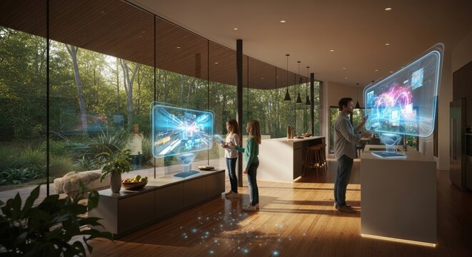 Family Using Augmented Reality Screens in Modern Home
