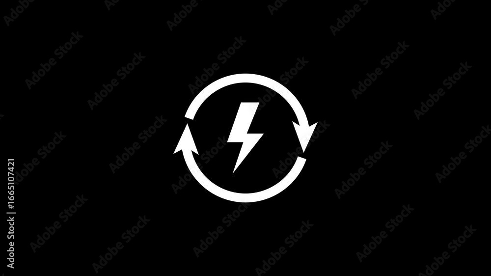 Poster white lightning bolt symbol inside a circular arrow refresh icon on a black background