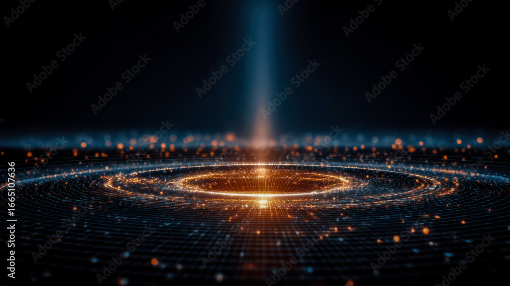 Poster futuristic digital visualization depicting a glowing central point with expanding concentric circles