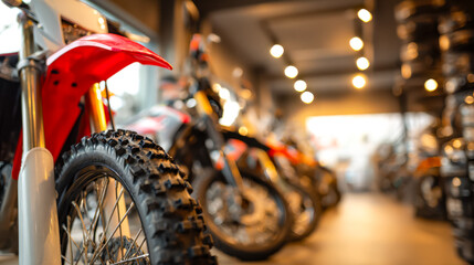 Indoor motorcycle showroom with a focus on a dirt bike wheel
