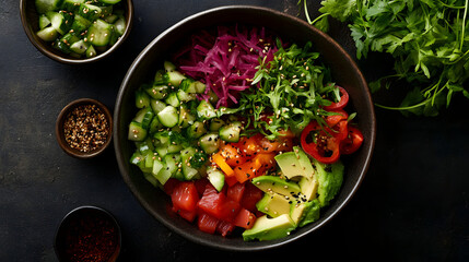 A vibrant bowl of poke with fresh tuna, avocado, and colorful vegetables.