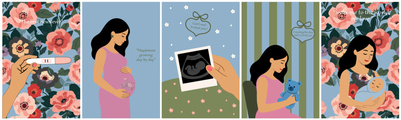 Pregnancy Journey Illustration Set – Motherhood, Newborn, Expecting Mom Vector Posters, for posters, maternity designs, greeting cards, pregnancy content, healthcare projects, pregnancy themed design.