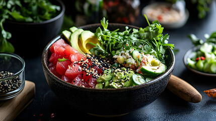 A vibrant bowl of poke with fresh tuna, avocado, and colorful vegetables.
