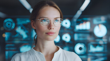 Businesswoman analyzing data on futuristic digital interface
