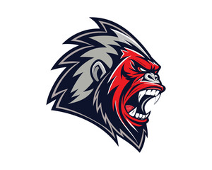 A graphic design of a gorilla head, rendered in a bold, cartoon style