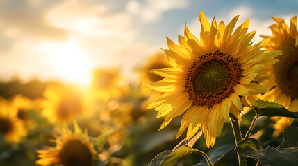 A vibrant field of sunflowers with a bright blue sky in the background, creating a peaceful countryside scene.