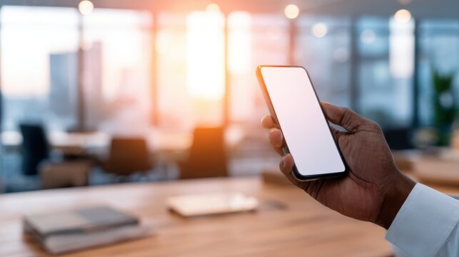 Business professional holding a smartphone in a modern office with a bright, urban background