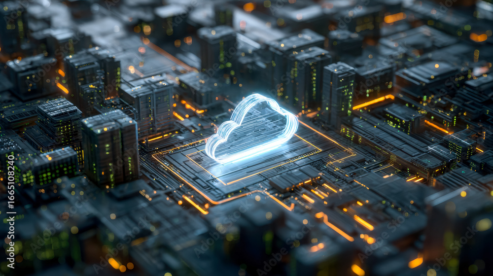 Aufkleber futuristic digital cloud icon on a high-tech server grid representing cloud computing technology
