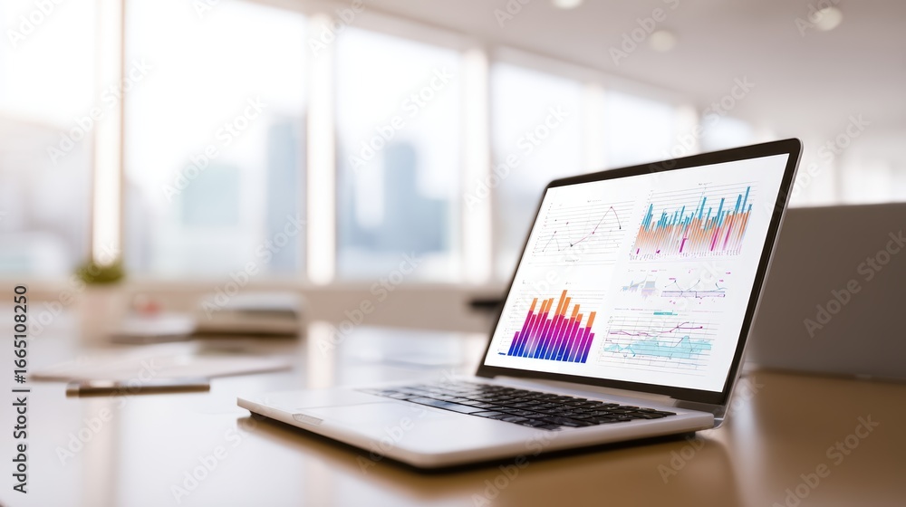 Poster modern workspace featuring a laptop displaying colorful data visualizations with city skyline backdr