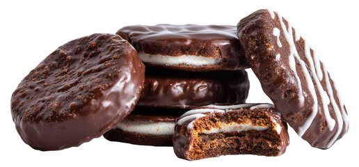 Stacked chocolate-covered sandwich cookies with white icing