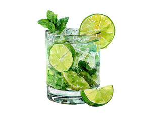 Refreshing cocktail in glass, adorned with lime and mint