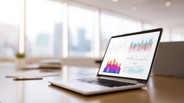 Modern workspace featuring a laptop displaying colorful data visualizations with city skyline backdrop - Powered by Adobe