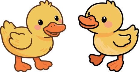 Two adorable and cute cartoon ducklings with bright yellow feathers and orange beaks, perfect for farm animals and childhood themes.