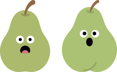 Two cute cartoon pears with surprised expressions and wide eyes, illustrating a humorous and whimsical take on healthy food.
