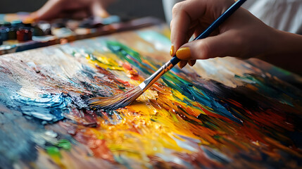 A vibrant painting session where an individual uses bold strokes and bright colors to express joy and freedom in art therapy.