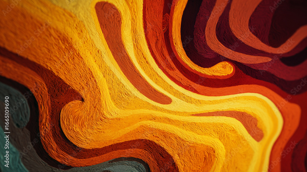 Poster abstract painting featuring swirling lines of orange yellow and red creating a warm and dynamic visu