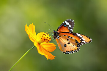 A Vivid Monarch Butterfly Sipping Nectar from a Bright Yellow Cosmos Flower, Capturing the Beauty of a Sunny Day in a Lush Green Field