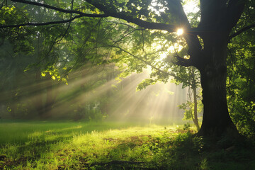 Obraz premium Sunbeams filtering through trees in a lush forest