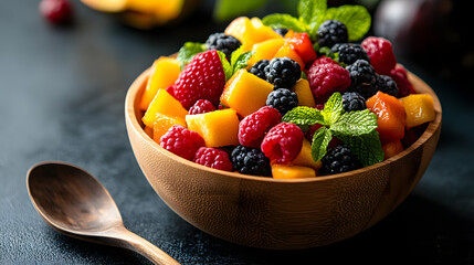 A vibrant tropical fruit salad arranged beautifully in a wooden bowl with a spoon.
