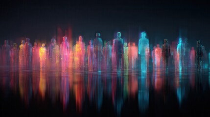 A sleek, colorful digital representation of diverse audience figures, illustrating personalized marketing insights, highresolution, futuristic design, 8K, vibrant background.