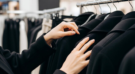 Woman's Hands Browsing Black Coats in Fashion Store