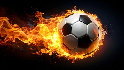 Soccer ball engulfed in flames against dark background, symbolizing speed, energy, and passion&hellip;