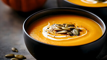 A warm bowl of pumpkin soup topped with roasted seeds and a swirl of cream.