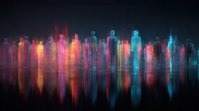 A sleek, colorful digital representation of diverse audience figures, illustrating personalized marketing insights, highresolution, futuristic design, 8K, vibrant background.