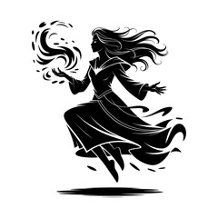 sorceress silhouette levitating with magical fire spell vector illustration