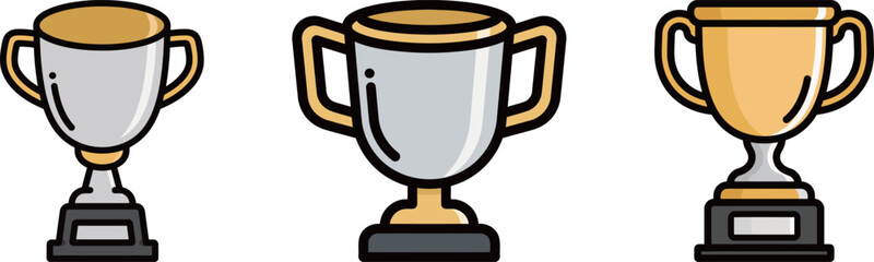 A set of three stylized trophies in different designs, symbolizing victory, achievement, and success.