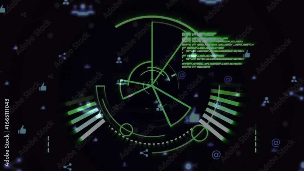 Poster starting dark screen, radar interface rotating bars, drifting icons, pulsing text showing live data