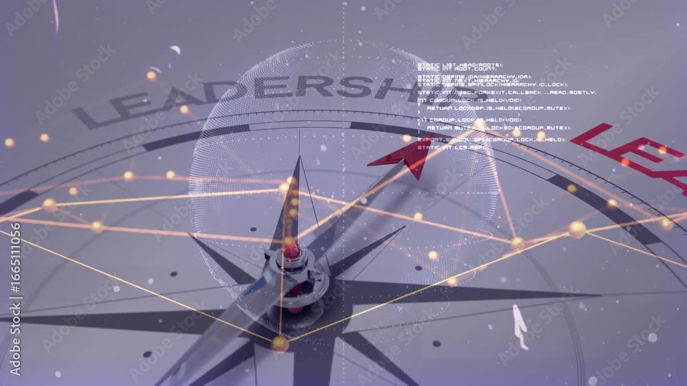 Poster 3d globe rising above compass driving pointer rotating clockwise aligning red leadership label