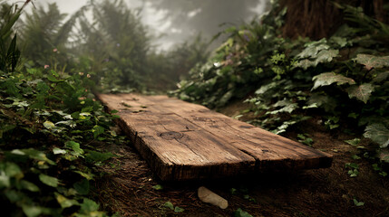 Wooden plank bridge surrounded by lush greenery in a serene forest setting at dawn