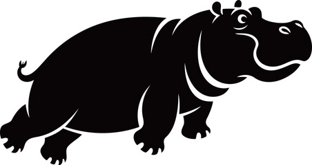 Black and white stylized vector illustration of a powerful and majestic hippopotamus running or trotting with a dynamic pose.