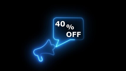 Glowing neon cyan color , color 40% off icon animation market technology video ,discount clip art massage offer marketing ,number sign symbol on black background.