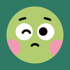 A cute and simple cartoon illustration of a green face emoji with a winking eye, a smirk, and rosy cheeks.